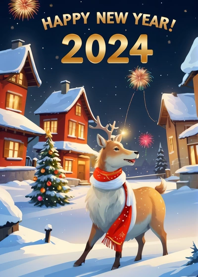 A happy New Year card with a reindeer in a scarf and scarf on it's head, and a house in the background with fireworks, key art, a screenshot, futurism