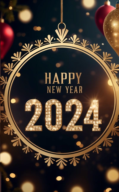 A happy New Year card with a circular frame and ornaments on a dark background with gold and red balls and snowflakes in the center, future, a digital rendering, futurism