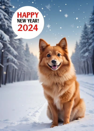 A dog sitting in the snow with a happy New Year speech bubble above it's head and a snowy forest in the background with snowflakes, future, a stock photo, futurism