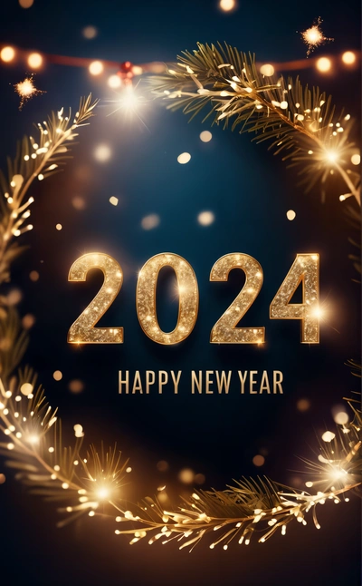 A happy New Year card with a wreath and lights on it, and the Year 2021 written in gold on a dark background with a boke of gold sparkle, future, a digital rendering, futurism