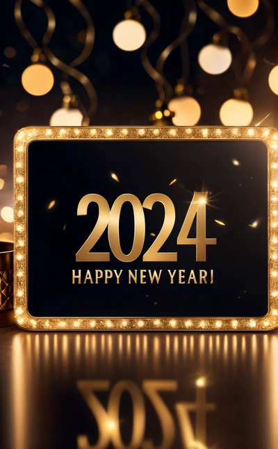 A sign that says happy New Year with lights around it and a number on it that reads 2024 happy New Year with lights around it, promotional image, a digital rendering, futurism