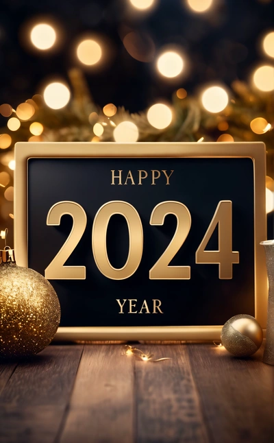 A happy New Year sign next to a Christmas tree with lights in the background and a holiday decoration on the table in front of it, future, a digital rendering, futurism