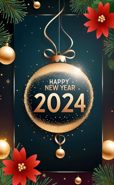 A Christmas card with a gold bauble and poinsettis on a dark background with a happy New Year message in the middle, future, a digital rendering, futurism