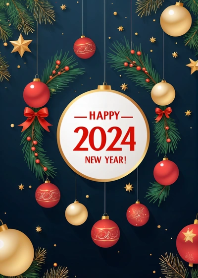 A happy New Year card with ornaments and a circular sign that says happy New Year, with a red ribbon and a gold circle with a red bow, future, a digital rendering, futurism