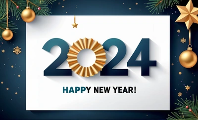 A happy New Year card with a golden ribbon and a star on it, and a Christmas tree branch in the background with a star, iso 200, a digital rendering, futurism