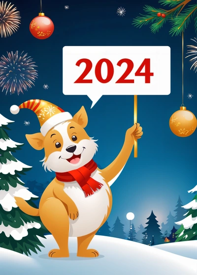 A dog holding a sign that says New Year and a Christmas tree with balls and a snowman on it, with a sign that says 202, 4k resolution, a screenshot, futurism