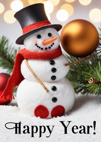 A snowman with a hat and scarf on it's head and a Christmas ornament in the background with a Christmas tree branch, white background, a stock photo, folk art