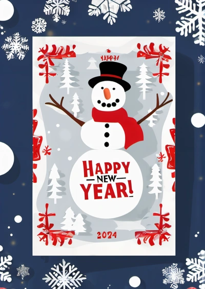 A snowman with a hat and scarf on it's head and a happy New Year message on the front of it, surrounded by snowfloored snowflakes, behance hd, a screenshot, international typographic style