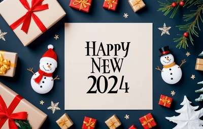 A happy New Year card surrounded by presents and presents on a blue background with a snowman and a snowman on top of a white sheet, future, a digital rendering, futurism