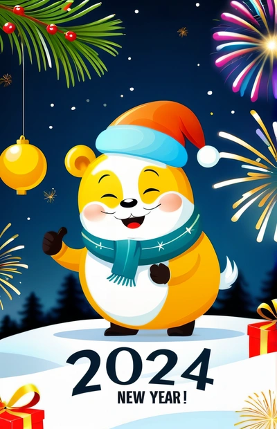 A cartoon bear wearing a santa hat and scarf holding a Christmas or New Year's eve sign with fireworks in the background and a snow covered field, behance hd, a screenshot, lyco art