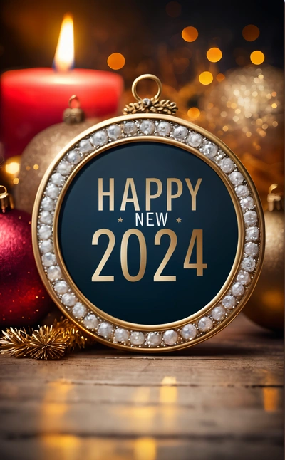 A happy New Year sign surrounded by Christmas decorations and candles on a table with a candlelight in the background and a holiday ornament, promotional image, a digital rendering, futurism