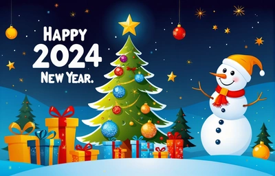 A snowman is standing next to a Christmas tree and presents under a star - lit sky with a happy New Year message in the middle, iso 200, a digital rendering, futurism