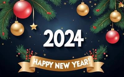 A happy New Year banner with Christmas decorations and a ribbon on a dark background with a gold ribbon and a red and gold banner with a, future, a digital rendering, futurism