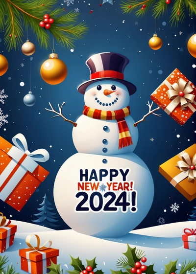 A snowman with presents and a happy New Year message on it's face in the snow with a Christmas tree and snowman, future, a digital rendering, futurism