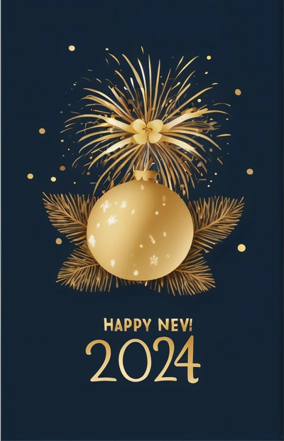 A happy New Year card with fireworks and a ball on it, with the words happy New Year written in gold on a dark background, poster, a poster, futurism