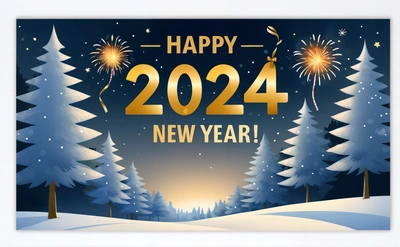 A happy New Year card with fireworks and trees in the snow and a sky background with stars and snowflakes, and the words happy New Year, futuristic, a digital rendering, futurism