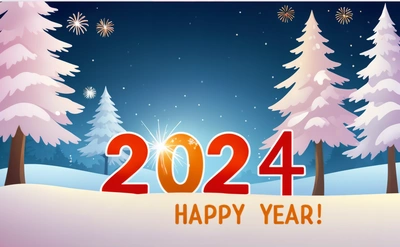 A happy New Year card with a snowy landscape and trees in the background with the Year of the dog written in red on the front, future, a digital rendering, futurism