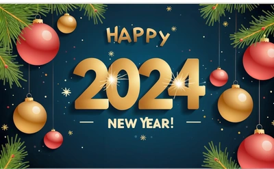 A happy New Year card with ornaments and a happy New Year message in gold and red on a blue background with a pine branch and snowflakes, future, a digital rendering, futurism