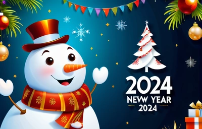 A snowman with a hat and scarf on a blue background with Christmas decorations and a garland of lights and a Christmas tree with a star, future, a digital rendering, futurism