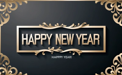 A happy New Year card with a gold frame and a black background with a gold border and a gold foil lettering that says happy New Year, smooth and clean vector curves, a digital rendering, international typographic style