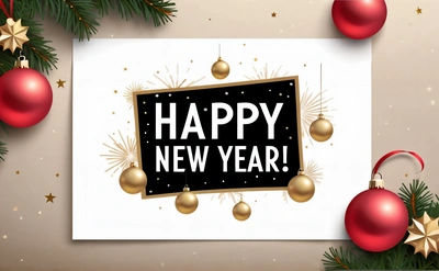 A happy New Year card with ornaments and a Christmas tree branch in the background with a black square frame with the words happy New Year, 4k uhd image, computer graphics, incoherents