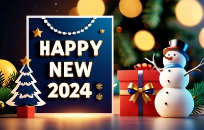 A snowman is next to a happy New Year sign and presents under a Christmas tree with lights in the background and a holiday tree, 4k uhd image, a 3d render, futurism