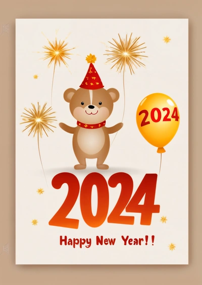 A happy New Year card with a teddy bear holding a balloon and a number twenty four on it's side, with a happy New Year written in the middle, future, a digital rendering, international typographic style