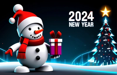 A snowman holding a gift box in front of a Christmas tree with a star on top of it and a New Year message below, future, a digital rendering, computer art