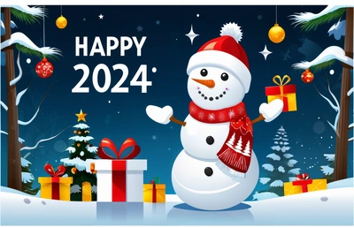 A snowman holding a gift box in front of a Christmas scene with presents and a happy New Year message on the front of the card, promotional image, a digital rendering, futurism