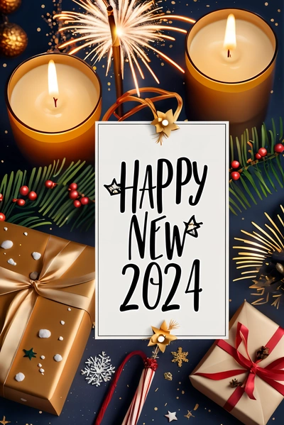 A happy New Year card with candles and presents on a blue background with a holiday message and a star and snowflakes around it, promotional image, a digital rendering, barbizon school