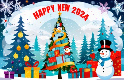 A snowman and a snowman are standing in front of a Christmas tree with presents and a snowman in the background with a happy New Year written on it, promotional image, a digital rendering, naive art