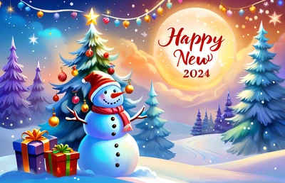 A snowman with a Christmas tree and presents under a full moon sky with a happy New Year message in the background, with a snowy landscape with Christmas trees and a, 4 k hd wallpaper, a digital rendering, computer art