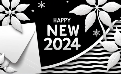 A black and white New Year card with flowers and leaves on it, with a black background and white text that reads happy New Year, future, a digital rendering, futurism