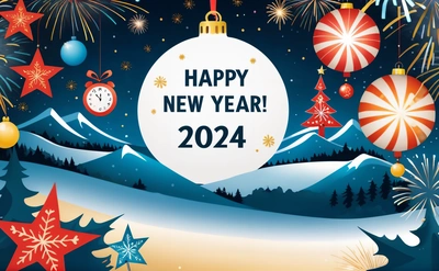 A happy New Year card with a Christmas ornament and fireworks in the background of a snowy landscape with trees and snow covered mountains, future, a digital rendering, futurism