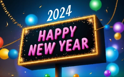 A happy New Year sign with balloons and streamers in the background with a happy New Year message below it that reads, happy New Year, future, a digital rendering, futurism