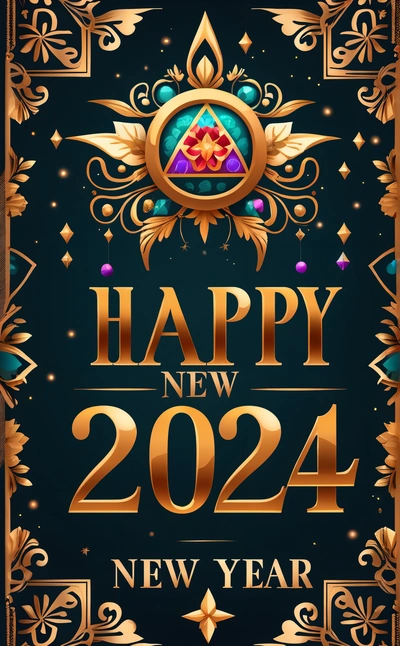 A happy New Year card with a gold frame and a blue background with a gold frame and a red and blue design with a gold border, future, a poster, futurism