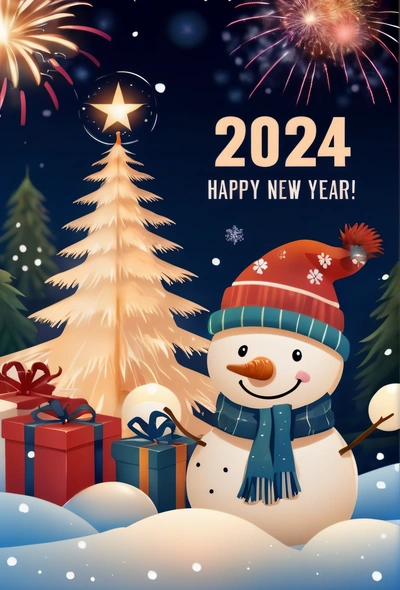 A snowman with a hat and scarf next to a Christmas tree and presents under a fireworks display with a happy New Year message in the middle, future, a digital rendering, futurism