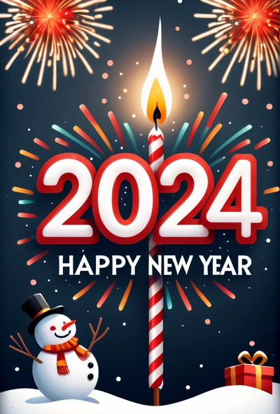 A happy New Year card with a snowman and fireworks in the background and a happy New Year message in the middle of the card, iso 200, a digital rendering, futurism