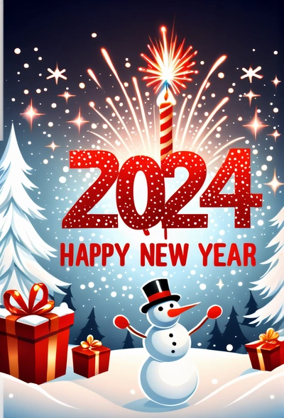 A snowman with a hat and a gift box in front of a snowy background with fireworks and a New Year sign in the middle, future, a digital rendering, futurism