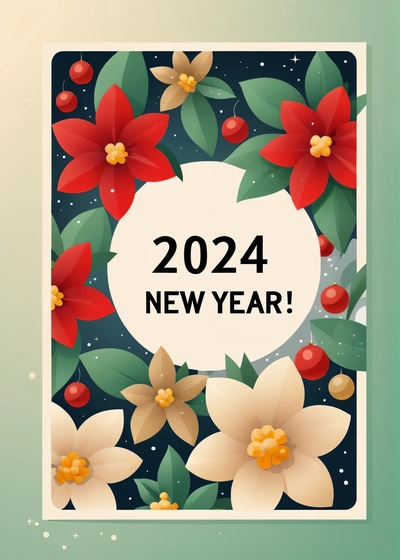 A card with a picture of flowers and a white circle that says, New Year, with the words, in the middle of the card, 4k resolution, a screenshot, futurism