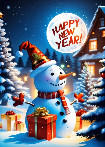 A snowman with a hat and scarf holding a present in front of a snowy Christmas tree with a full moon in the background and a snowy night sky, snow, a digital rendering, naive art