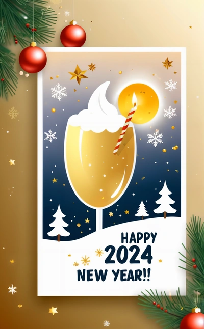 A happy New Year card with a glass of champagne and a candle on it, surrounded by Christmas decorations and a pine tree with snow, future, a digital rendering, futurism