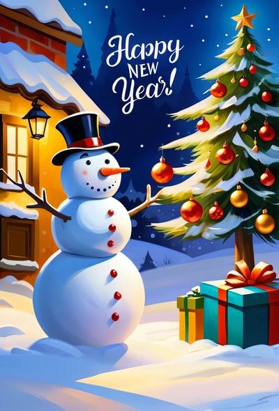 A snowman with a top hat and a Christmas tree in the background with a happy New Year message on it's card,, dark background, a digital rendering, naive art