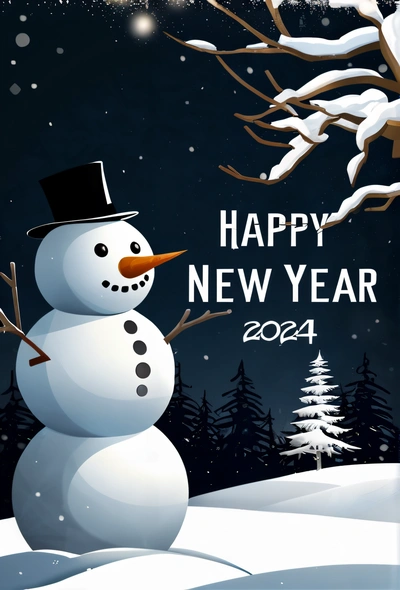 A snowman with a top hat and a black top hat on his head and a snowy background with trees and snowflakes, and a happy New Year, 4k uhd image, a digital rendering, computer art