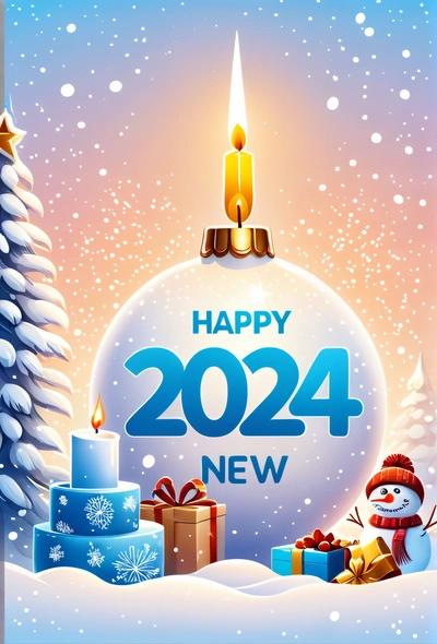 A happy New Year card with a snowman and presents in the snow and a lit candle on top of a Christmas ball with a snowy background, promotional image, a screenshot, futurism