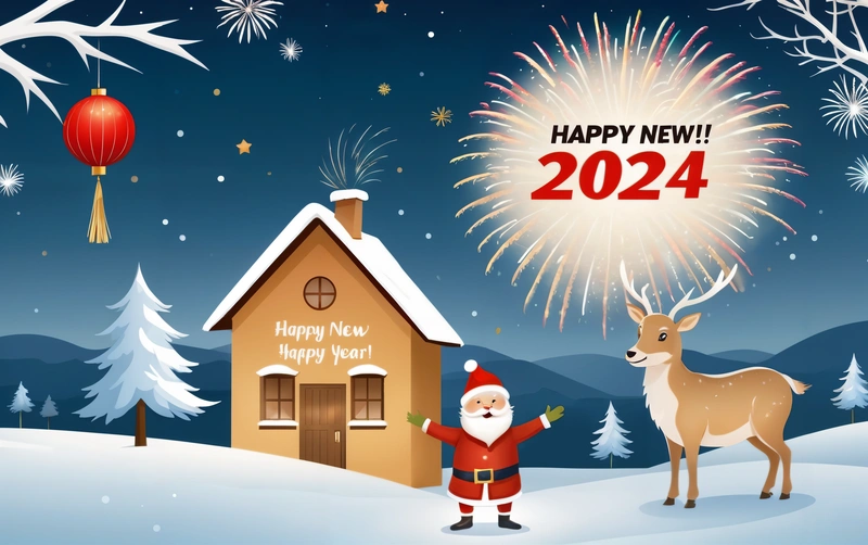 A santa clause is standing in front of a house with fireworks in the sky and a house with a happy New Year sign on it, promotional image, a digital rendering, futurism