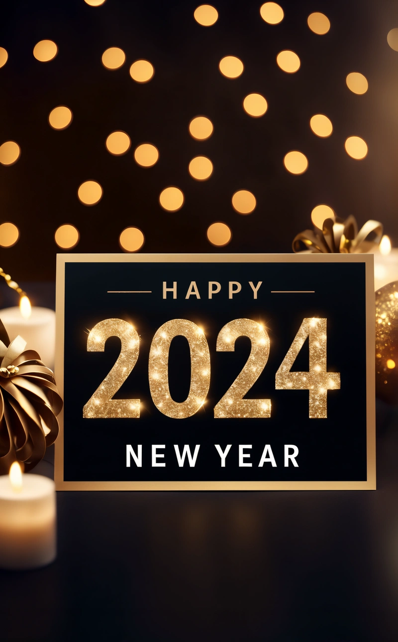 A happy New Year sign with candles and lights in the background of a festive backdrop with lights and a holiday decoration in the foreground, iso 200, a digital rendering, futurism