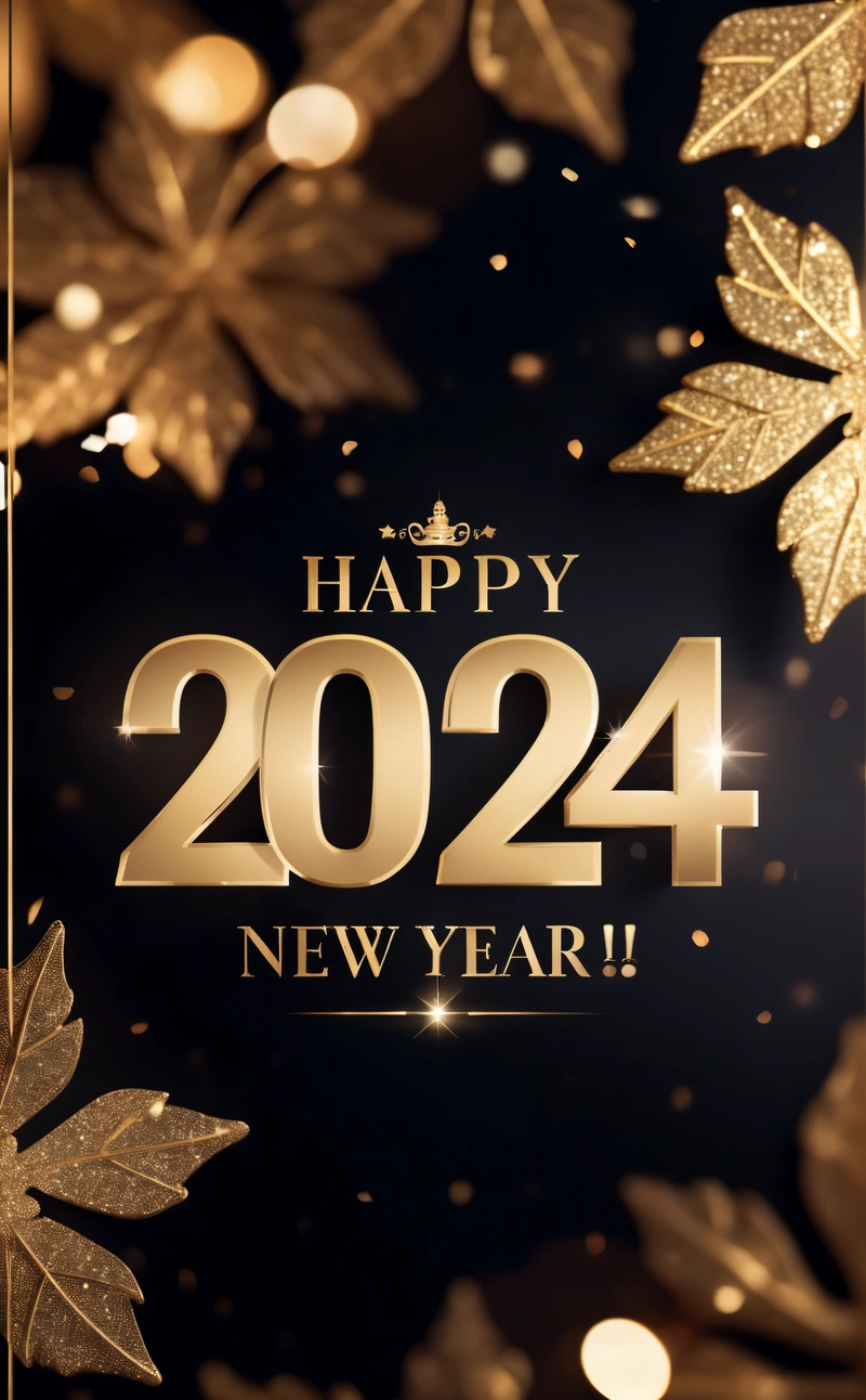 A happy New Year card with gold leaves and sparkles on a black background with a gold frame and a happy New Year message below, iso 200, a digital rendering, futurism