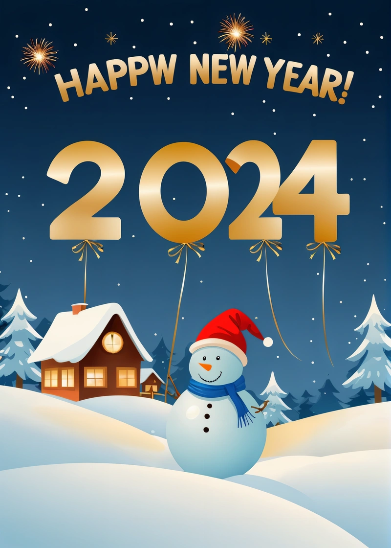 A snowman with a red hat and a red scarf on his head is in the snow with a house and fireworks in the background, future, a digital rendering, futurism