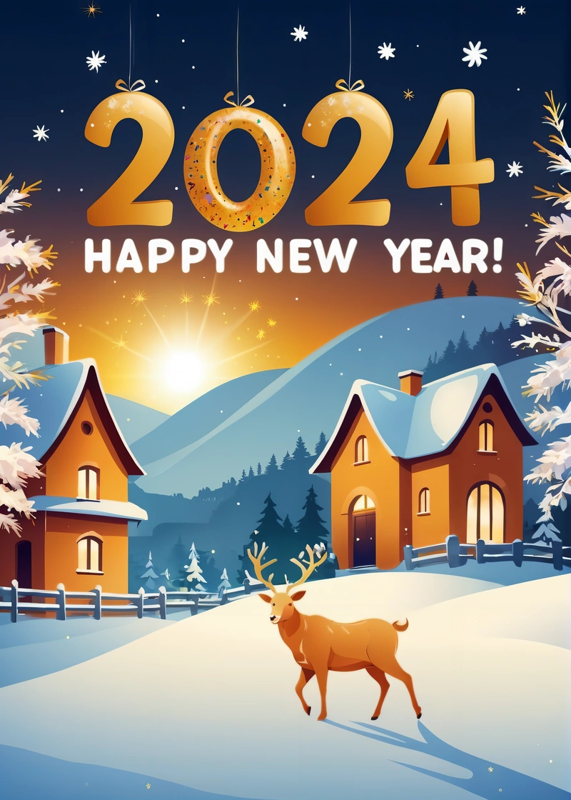 A happy New Year card with a deer in the snow and a house in the background with a happy New Year message in the middle, future, a digital rendering, futurism